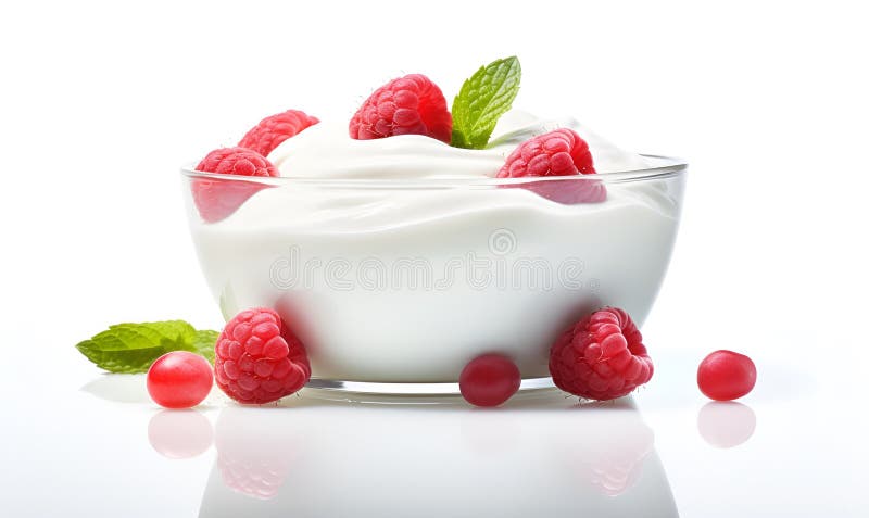 Makro einer Schüssel Jogurt und Beeren weißer Hintergrund ai generativ lizenzfreie abbildung