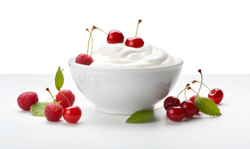 Makro einer Schüssel Jogurt und Beeren weißer Hintergrund ai generativ stock abbildung