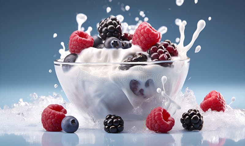 Makro einer Schüssel Jogurt und Beeren weißer Hintergrund ai generativ lizenzfreie abbildung