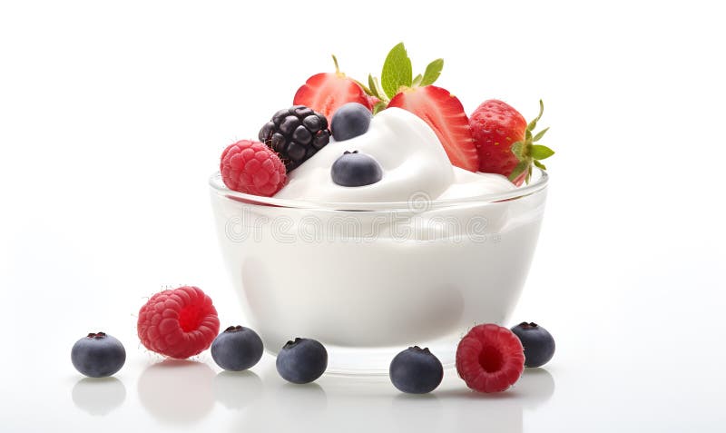 Makro einer Schüssel Jogurt und Beeren weißer Hintergrund ai generativ stock abbildung
