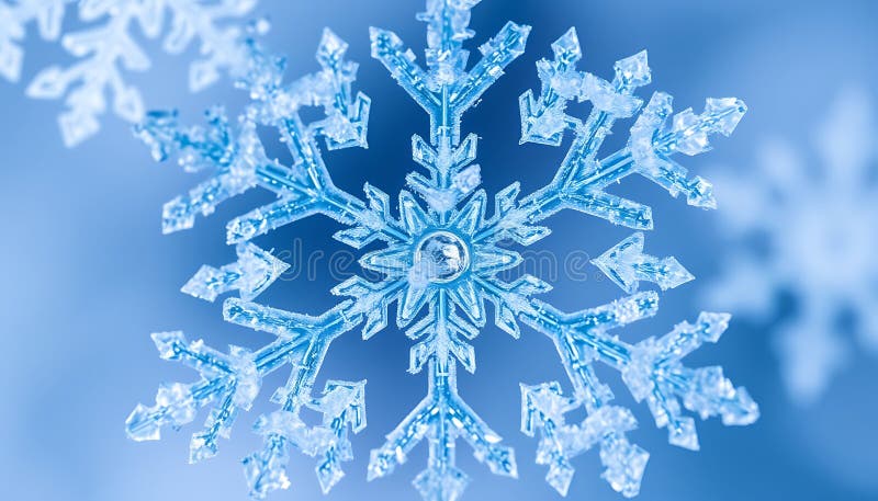 Makro Schneeflocke auf blaue Oberfläche Winterdetails Stock Foto Generative AI stock abbildung