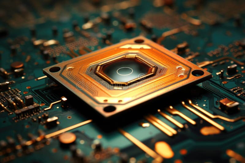 Makroaufnahme eines Mikrochips auf einer Leiterplatte stockbilder