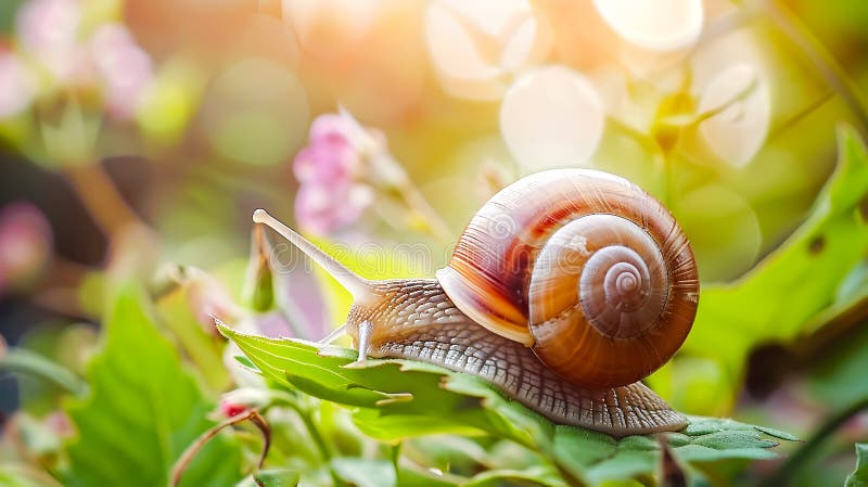 Makronära foto av en liten snäcka som långsamt kryper på ett levande grönt blad eller en växt mot en suddig naturlig bakgrund vektor illustrationer