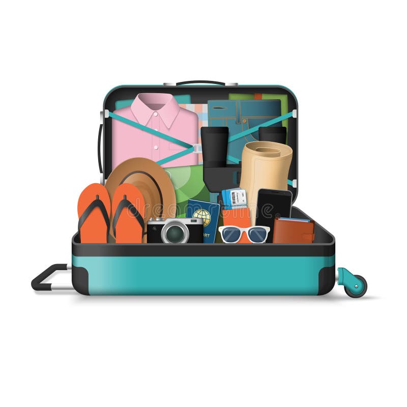 Mala de viagem aberta do curso completamente das coisas para férias ilustração do vetor Mala de viagem aberta do curso completamente das coisas para férias ilustração do vetor