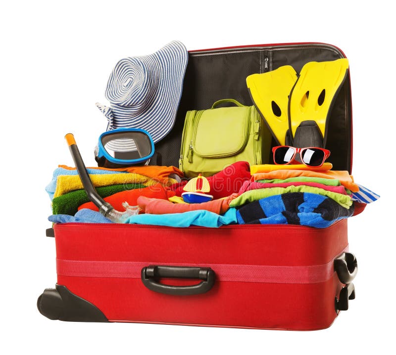 Suitcase Packed to Vacation, Open Red Luggage Full of Clothes, Family Travel Items Baggage, Trip Concept. Suitcase Packed to Vacation, Open Red Luggage Full of Clothes, Family Travel Items Baggage, Trip Concept