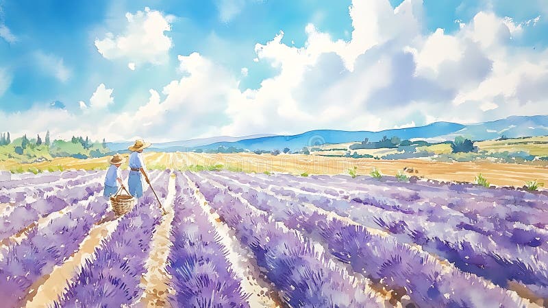 Malarstwo akwarelowe Pola Lawendy we francuskiej hrabstwie ilustracja wektor