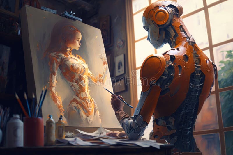Malarstwo i malarstwo artysty robota humanoidalnego cyborg ai. android w ciemnym studio obok jego sztalugi. ai generacyjne. royalty ilustracja