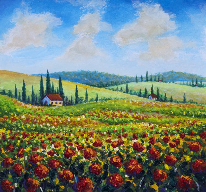 Malarstwo olejne provence przyroda krajobraz pól mak czerwony domy wśród wzgórz i cypress drzewa w górach sztuka obraz royalty free