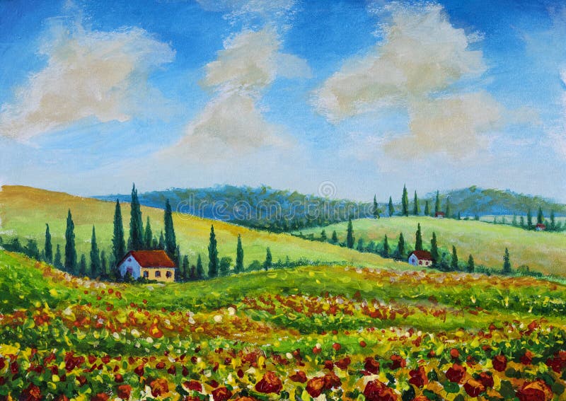Malarstwo olejne provence przyroda krajobraz pól mak czerwony domy wśród wzgórz i cypress drzewa w górach sztuka obrazy royalty free