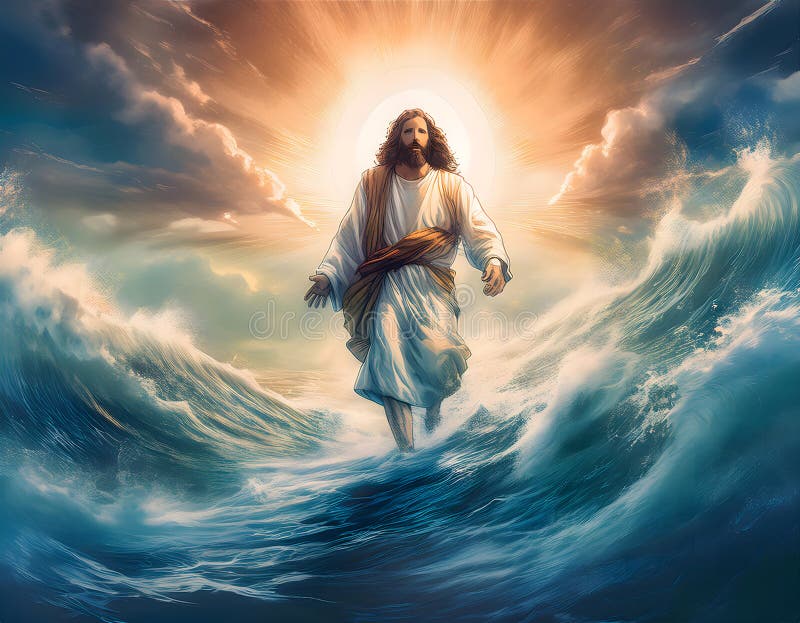 Malarstwo w stylu wodnym jezusa chrystusa chodzącego przez fale oceaniczne w dramatycznym słońcu od tyłu ilustracji