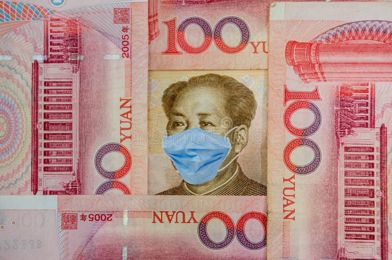 Malattia di Coronavirus Wuhan Sars Concetto: Quarantena in Cina, banconota da 100 Yuan con mascherina Economia e mercati finanzia