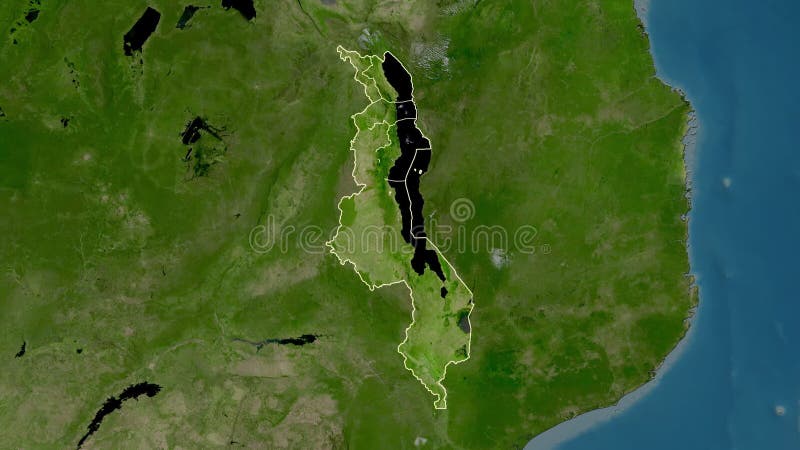 Malawi map - solid. Regions. Satellite. Labels stock illustration