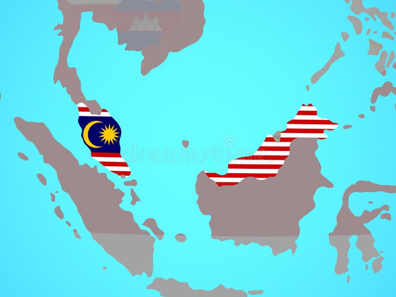 Malaysia with flag on map stock illustration. Illustration of render