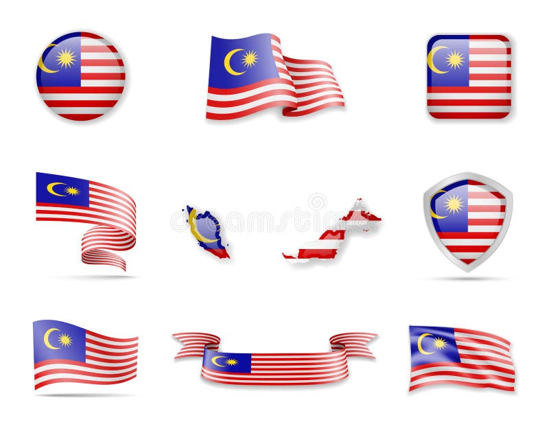 Malaysia Flags Collection. Vector Illustration Set Flags and Outline of