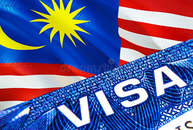 Malaysia visa document close up. Passport visa on Malaysia flag. Malaysia visitor visa in passport,3D rendering. Malaysia multi stock illustration