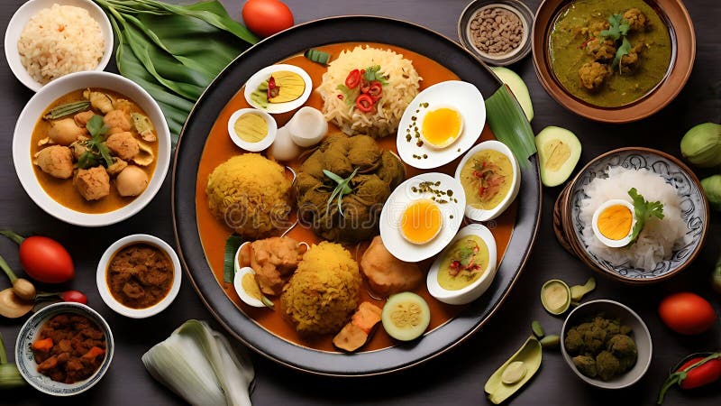 Malaysisches Nasi-Lemma mit verschiedenen Beilagen stock abbildung