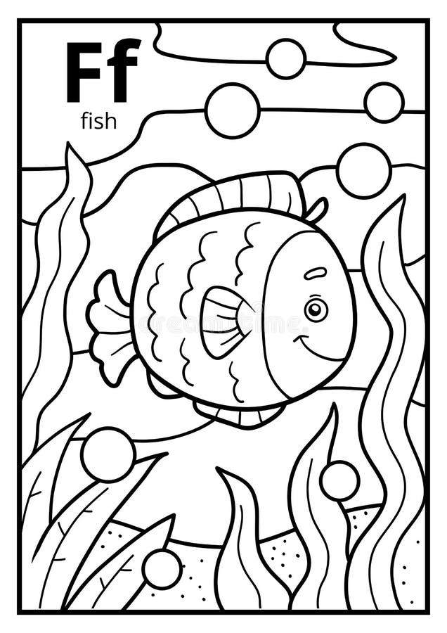 Malbuch, farbloses Alphabet Buchstabe F, Fisch stock abbildung Malbuch, farbloses Alphabet Buchstabe F, Fisch stock abbildung