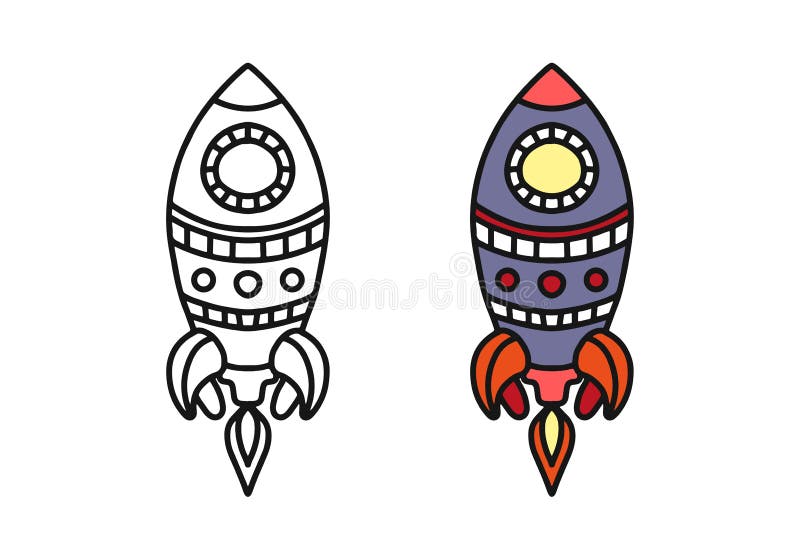 Malbuch für Kinder mit einer Rakete. Schwarzweiss-Farbton und Farbe für Kinder. Färbungsseite des Vektors für Kinder stock abbildung