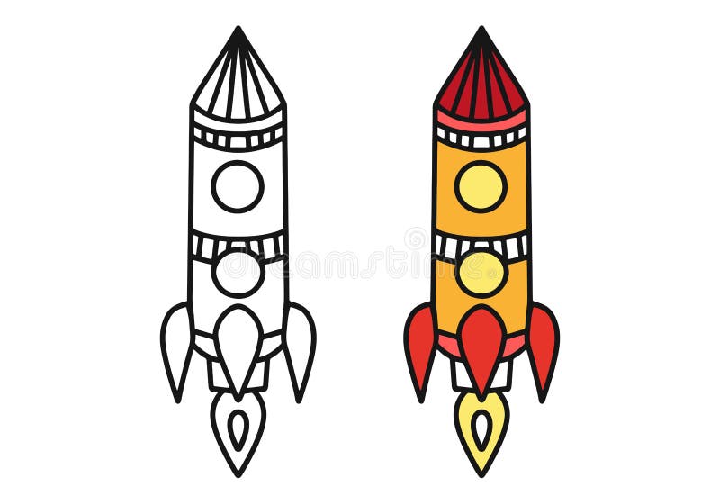 Malbuch für Kinder mit einer Rakete. Schwarzweiss-Farbton und Farbe für Kinder. Raketenstart in den Weltraum. Malbuch vektor abbildung