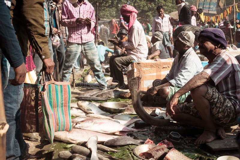 Malda Westbengalen Indien im Mai 2018 - Ansicht des Fischmarktes in der Stra?e eines Dorfs stockfotografie Malda Westbengalen Indien im Mai 2018 - Ansicht des Fischmarktes in der Stra?e eines Dorfs stockfotografie