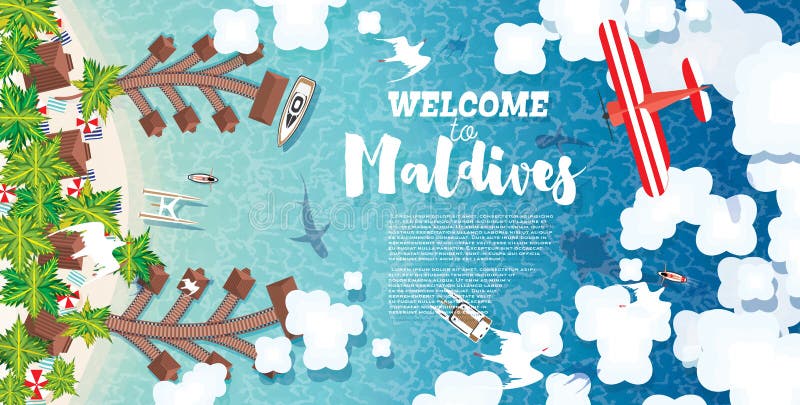 Maldives Beach on Island. Summer Background with Tropical Beach, Palms, Hotel, Clouds and Airplane. Aerial View. Vector Illustration