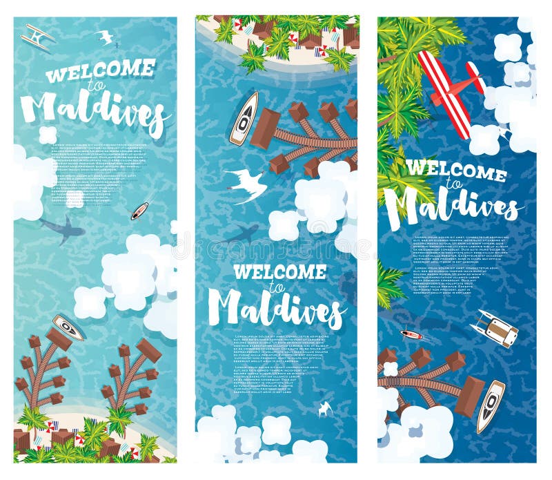 Maldives Beach on Island. Vertical Banners Set. Summer Background with Tropical Beach, Palms, Hotel, Clouds and Airplane. Aerial View. Vector Illustration