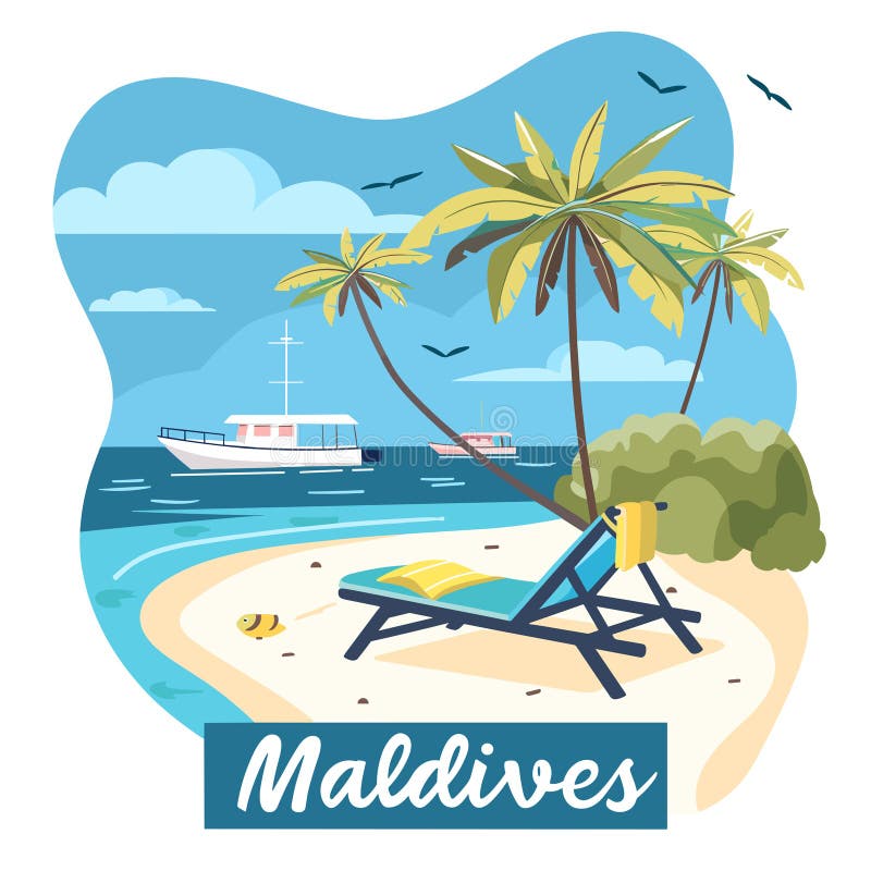 A Maldives beach scene with a boat and a palm tree. The image is titled Maldives. Scene is relaxing and peaceful AI generated