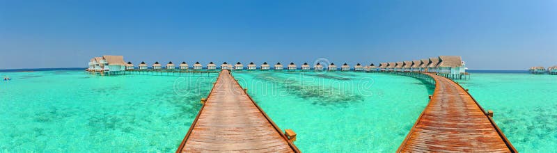 Maldives bungalows Panorama stock photo