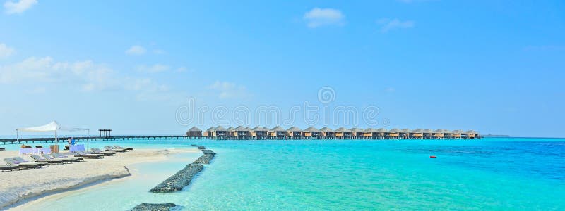 Maldives bungalows Panorama stock photo