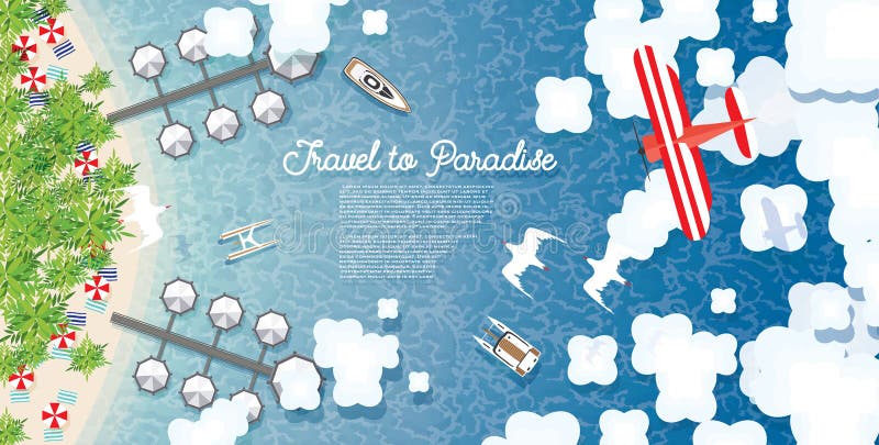 Maldives Summer Background with Sea, Tropical Beach, Palms, Hotel, Clouds and Airplane. Aerial View. Vector Illustration. Gulls Flying Over the Sea.