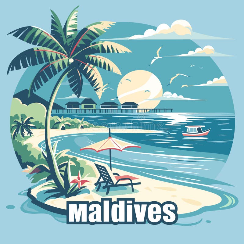 A Maldives tropical beach scene with a palm tree and a boat. The image is titled Maldives. Scene is relaxing and peaceful AI generated