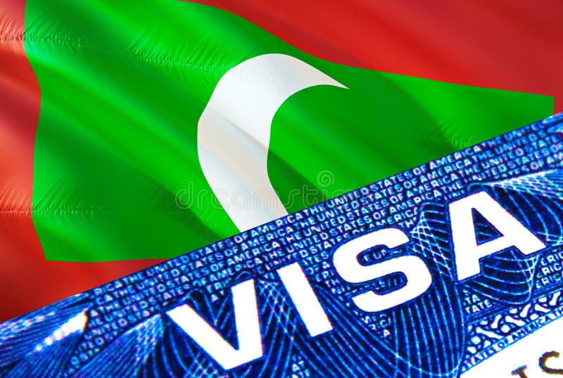 Maldives visa document close up. Passport visa on Maldives flag. Maldives visitor visa in passport,3D rendering. Maldives multi stock illustration