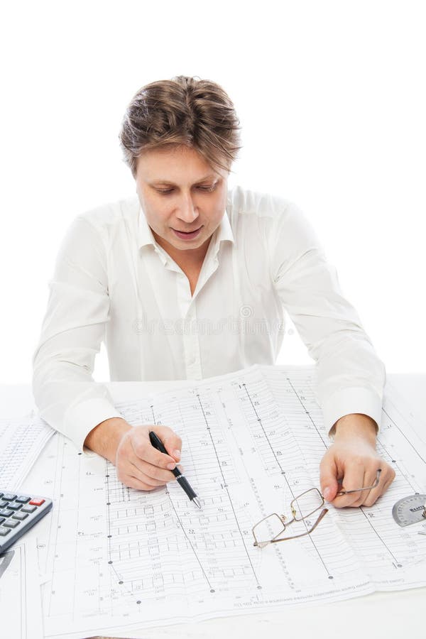 Male Architect Drawing on Blueprint Isolated Stock Photo Image of draft, paper 45562278