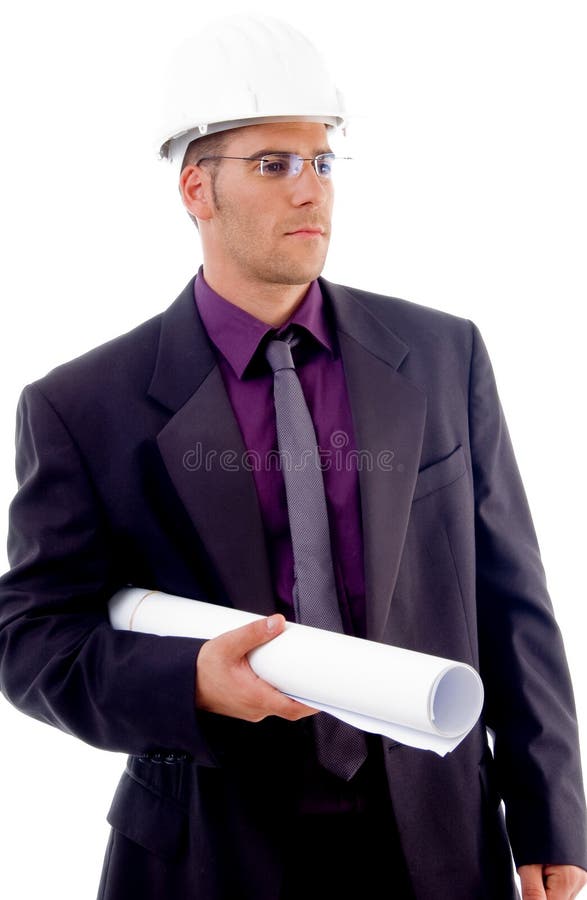 Male architect holding blueprints stock photo