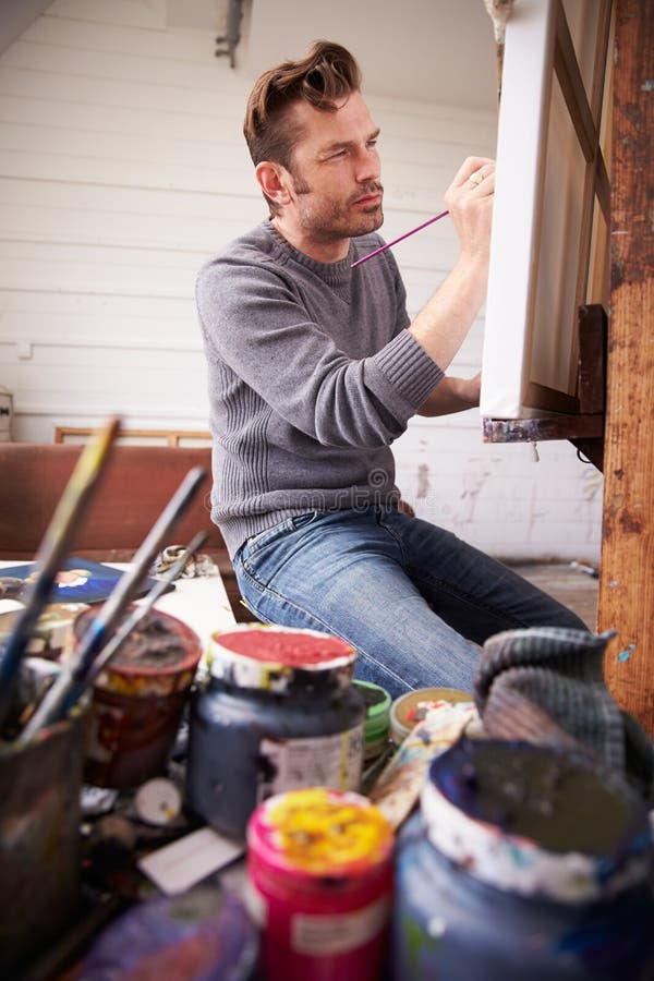 Male Artist Working on Painting in Studio Stock Image Image of