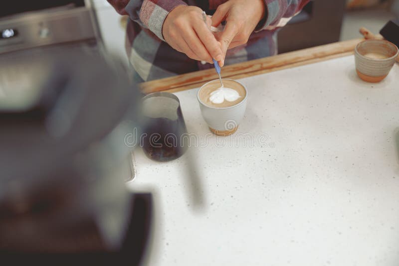Male Barista Drawing Pattern on Milk Foam Stock Image Image of