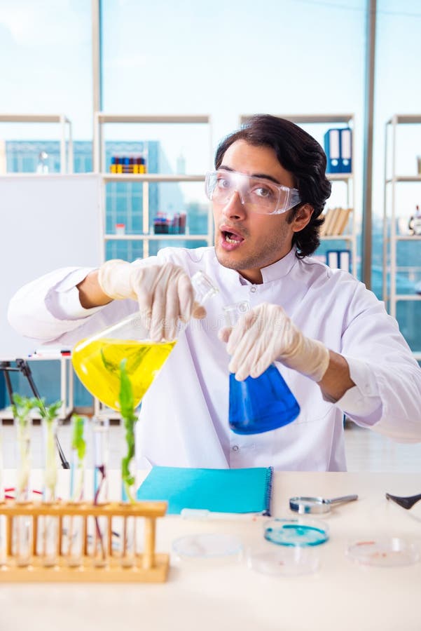 The Male Biotechnology Scientist Chemist Working in the Lab Stock Photo