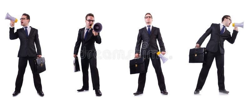 The male boss with megaphone isolated on white royalty free stock image