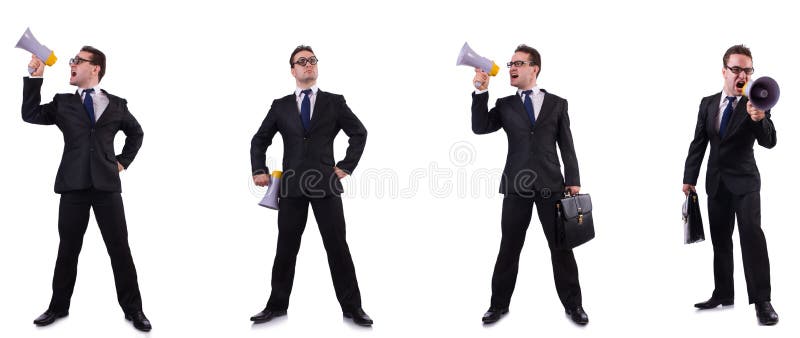 The male boss with megaphone isolated on white royalty free stock photo