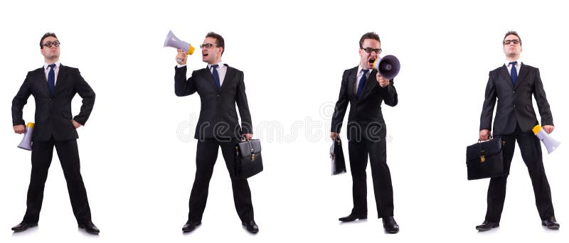 The male boss with megaphone isolated on white royalty free stock photo