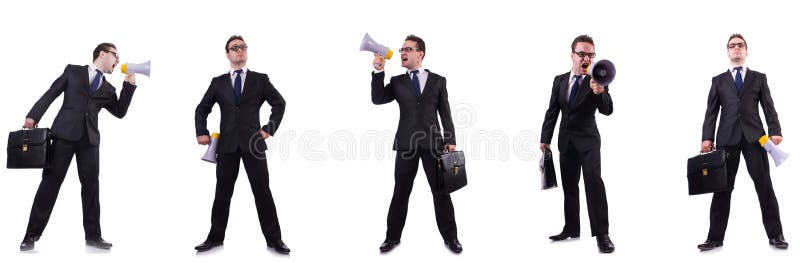 The male boss with megaphone isolated on white royalty free stock images