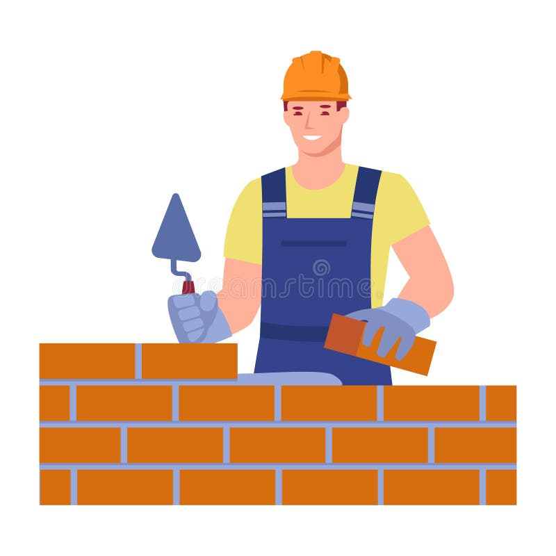 A Male Bricklayer Worker in Uniform is Building a Wall. Bricklayer ...