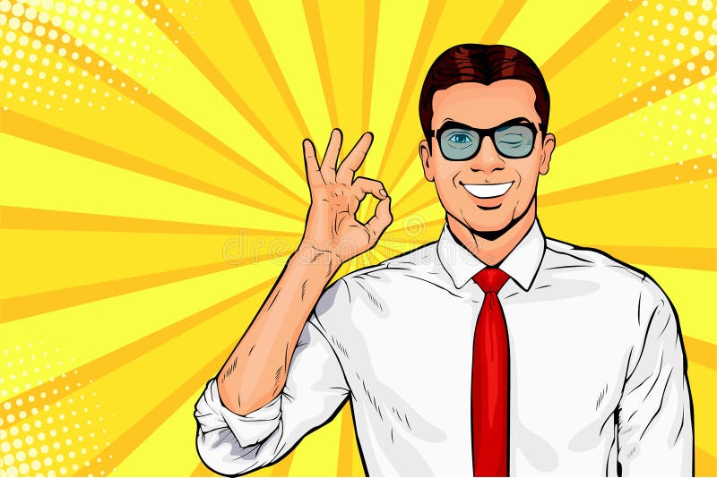 Male businessman in glasses winks and shows okay or OK gesture. Pop art retro vector illustration