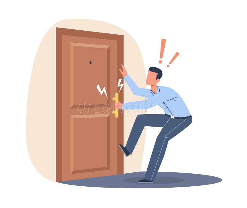 Male businessman pulls handle of closed door with force. Business problems and obstacles, failed career opportunity vector illustration