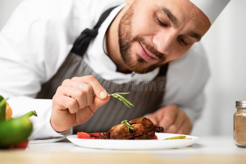 Chef Man Cooking Meat Seasoning Steak Working in Kitchen Stock Image Image of profession