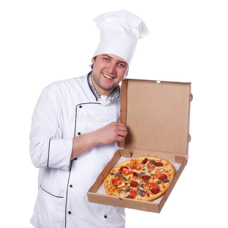 Male Chef Holding A Pizza Box Open Stock Photography Image 24575992