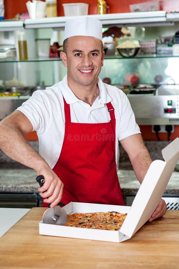 Male Chef Using Pizza Cutter Stock Photo Image of joyful, bake 32906750