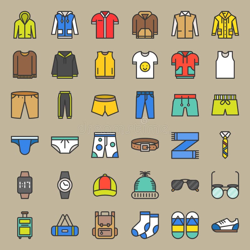 Male clothes and accessories filled outline icon set 2 vector illustration