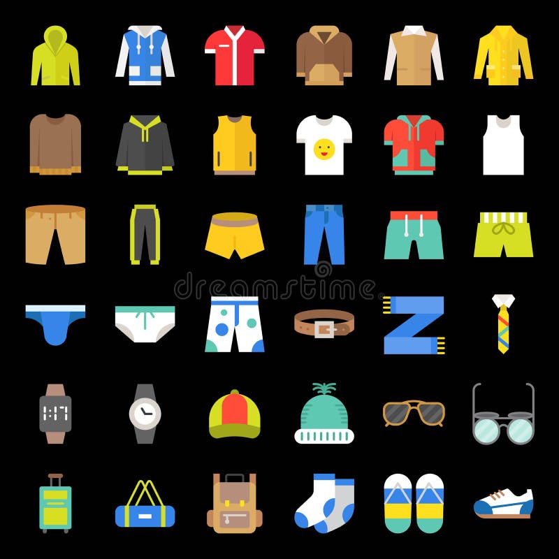 Male clothes and accessories flat icon set 2 stock illustration