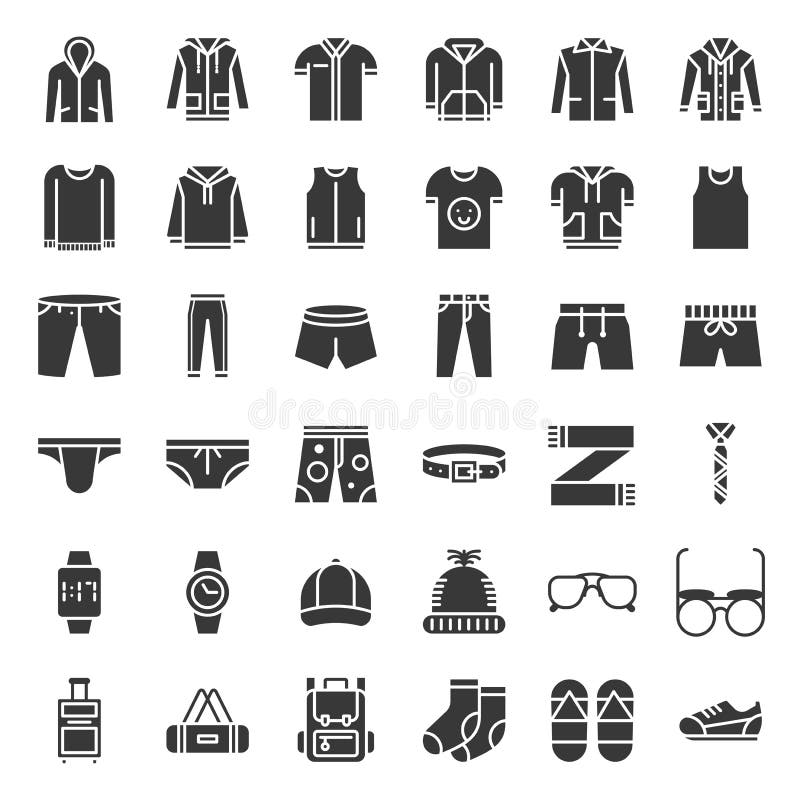 Male clothes and accessories solid icon set 2 stock illustration